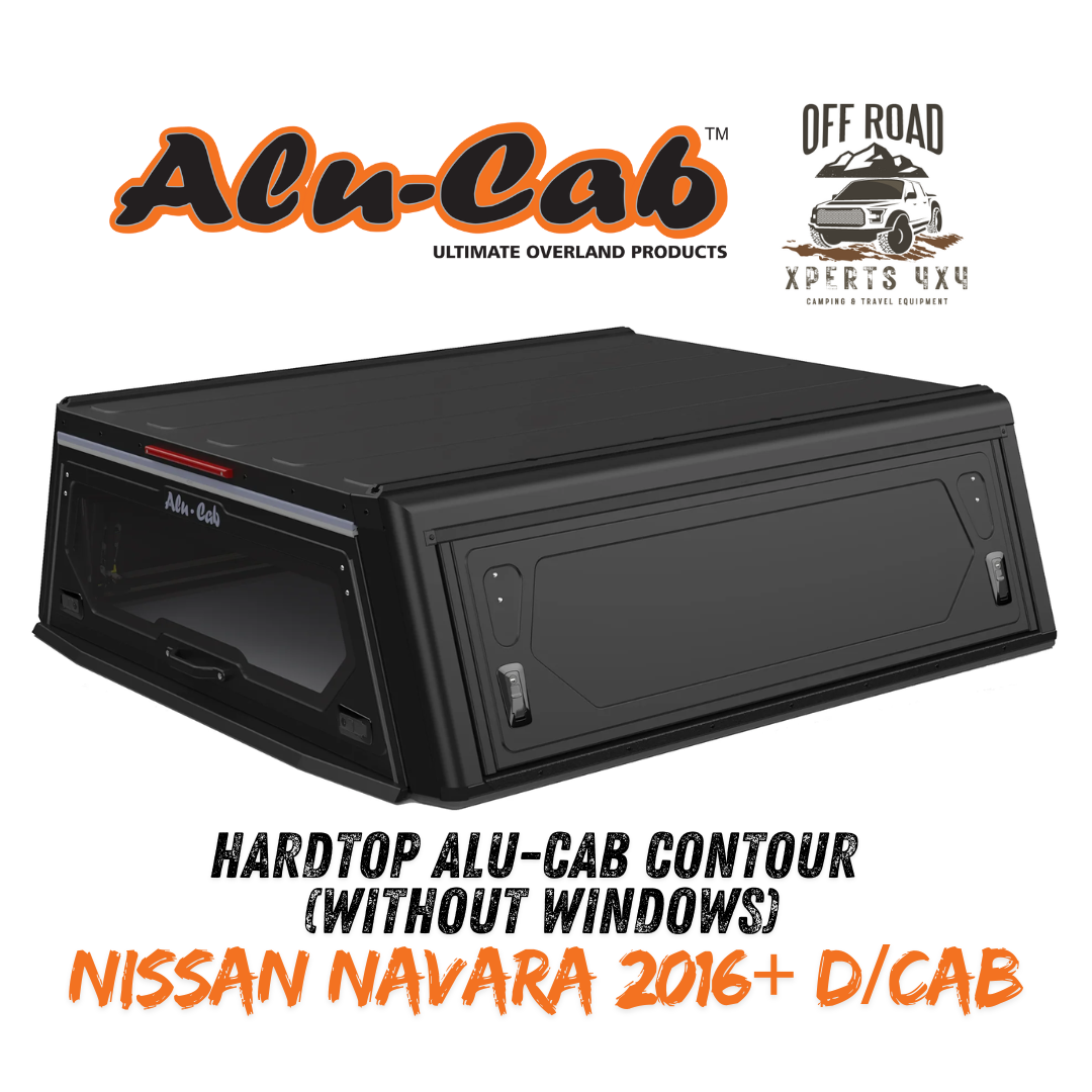 Hardtop Alu-Cab Contour pour Nissan Navara 2016+ Double Cab, en aluminium, avec fenêtres et fixation robuste.