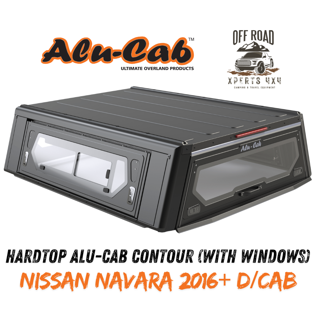 Hardtop Alu-Cab Contour pour Nissan Navara 2016+ Double Cab, en aluminium, avec fenêtres et finition robuste.
