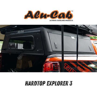 Hardtop Alu-Cab Explorer 3 pour Mitsubishi L200 2016+ en aluminium, vue de face montrant la structure robuste et les fenêtres.