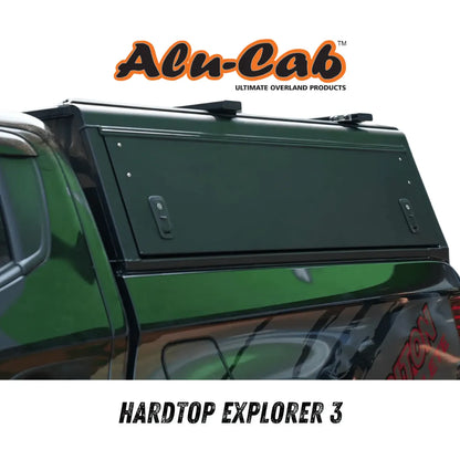 Hardtop Alu-Cab Explorer 3 pour Mitsubishi L200 2016+, structure en alu robuste, installé sur le véhicule, vue de face.