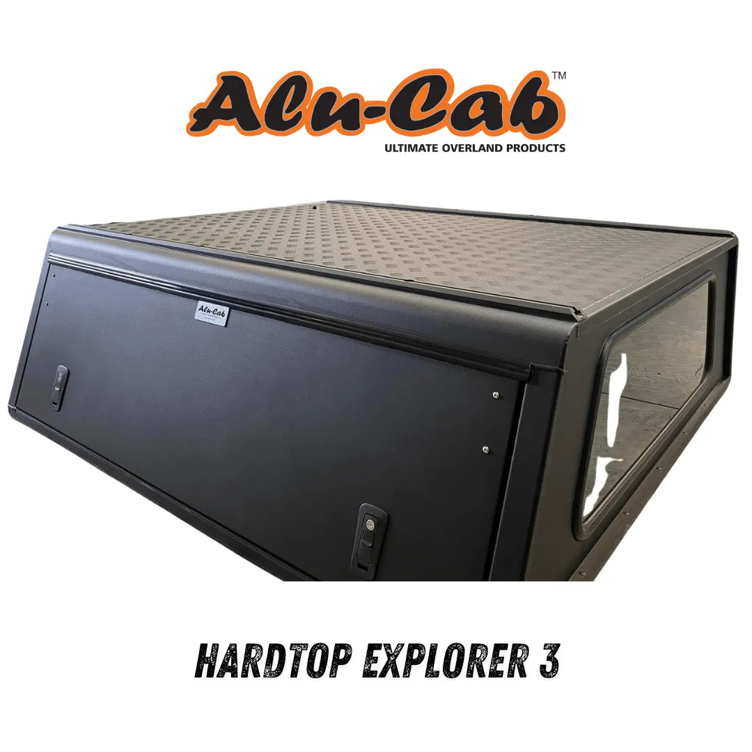 Hardtop Alu-Cab Explorer 3 pour Mitsubishi L200 2016+ en aluminium, vue du dessus avec fenêtres et élévation.