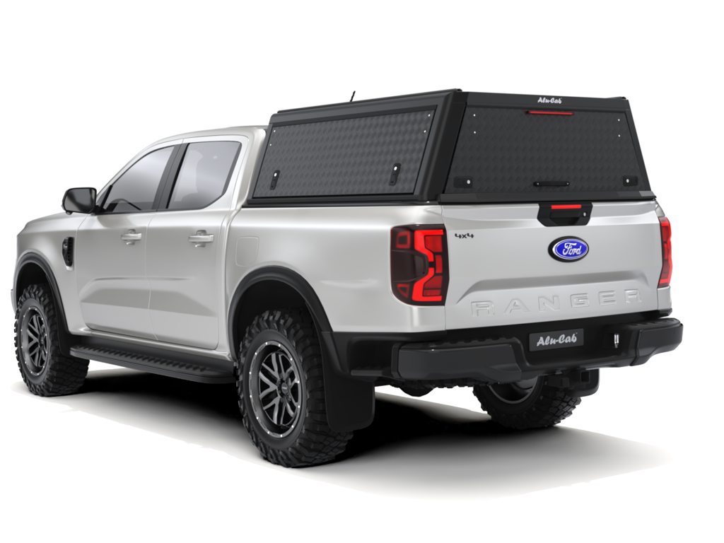 Hardtop Alu-Cab "Guard" pour Ford Ranger/Raptor 2023+ Double-Cab, robuste et en aluminium, installé sur le véhicule.