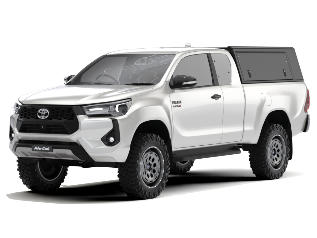 Hardtop Alu-Cab "Guard" pour Toyota Hilux Revo 2016+ Extra Cab, robuste et en aluminium, fixé sur la cabine arrière.