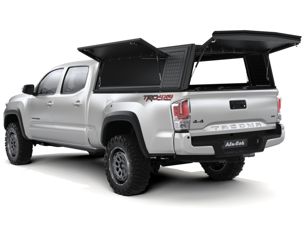 Hardtop Alu-Cab "Guard" pour Toyota Tacoma 2016-2023, texture en aluminium robuste, vue en gros plan sur le modèle.