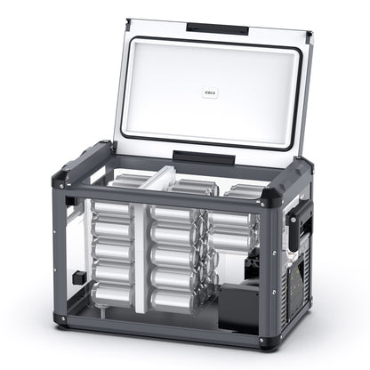 Réfrigérateur/congélateur ICECO 45L double compartiment en gris avec portes séparées, conçu pour le stockage portable et pratique.