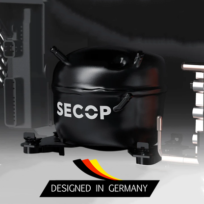 Réfrigérateur/congélateur ICECO 55L noir avec double compartiment, vue intérieure et extérieure, pour stockage alimentaire.