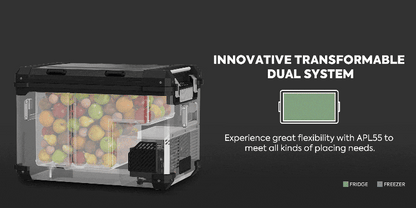 Réfrigérateur/congelateur ICECO 55L noir avec double compartiment, image montrant l'intérieur et l'extérieur du frigo.