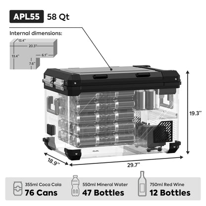 Réfrigérateur/congélateur ICECO 55L noir avec double compartiment, compact et pratique pour le stockage alimentaire.