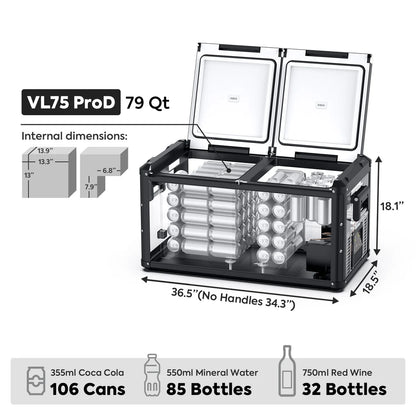Réfrigérateur/congélateur ICECO 75L gris avec double compartiment, vue de l'extérieur, porte fermée et poignée visible.