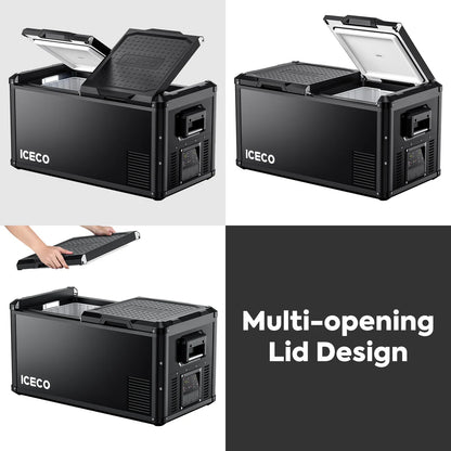 Réfrigérateur/congélateur ICECO 75L double compartiment gris, vue de face avec portes ouvertes, éléments intérieurs visibles.