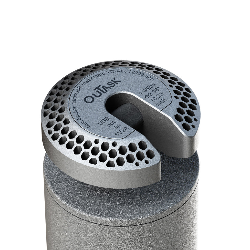 Lampe télescopique LED gris clair OuTask, rechargeable, extérieur, 720°, éclairage puissant pour activités en plein air
