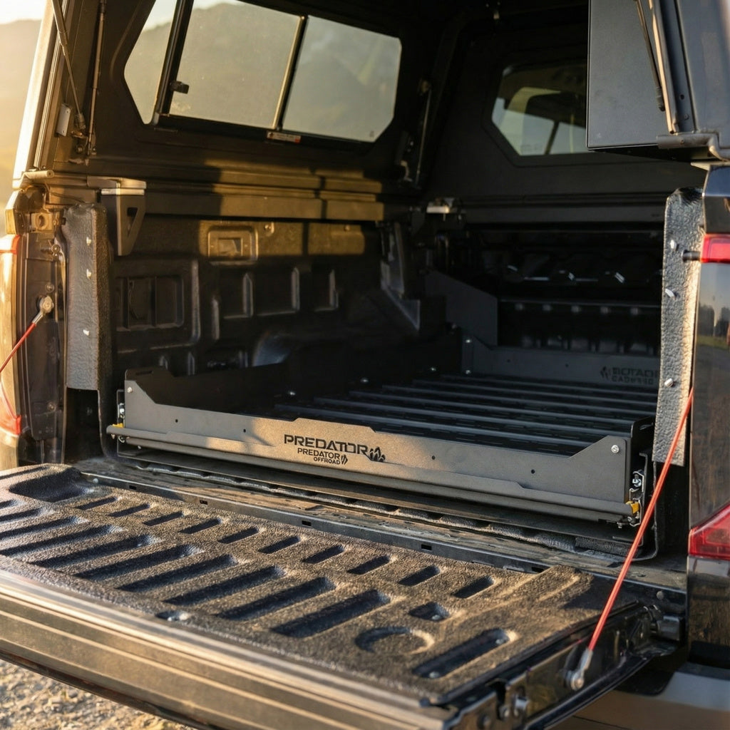 Plateau coulissant Predator Offroad pour pickup 4x4, robuste et adapté à la conduite hors-route.