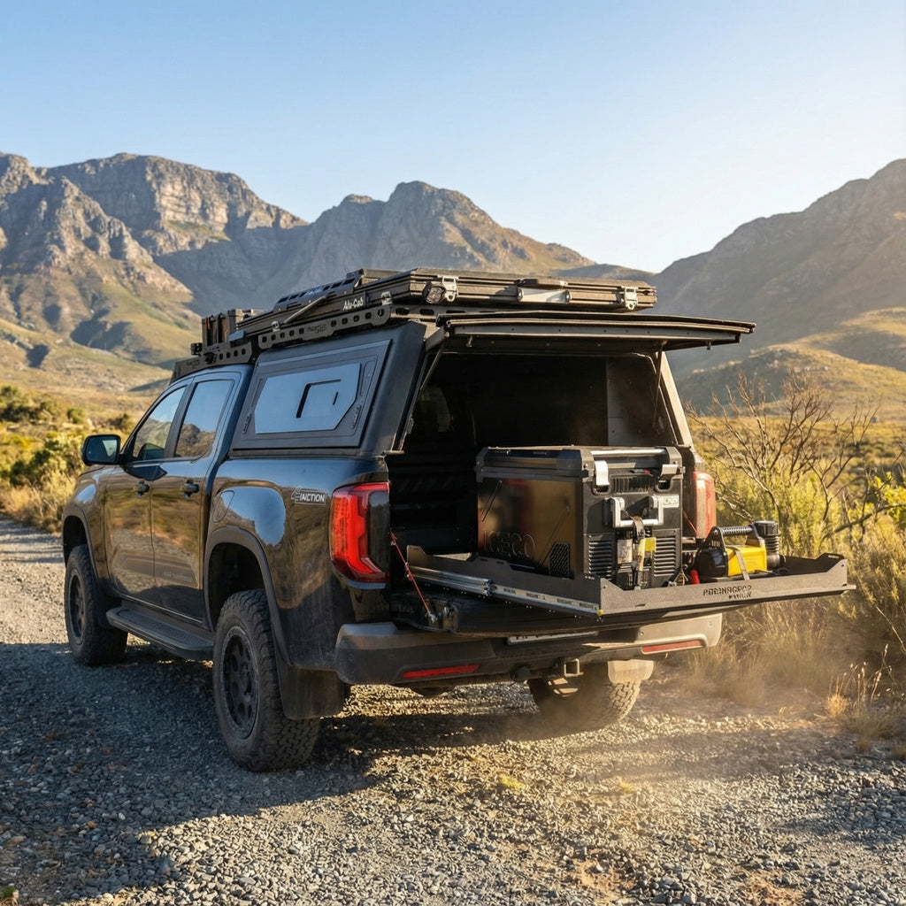 Plateau coulissant Predator Offroad pour pickup 4x4, robuste et fonctionnel, en acier noir avec mécanisme de glissement visible.