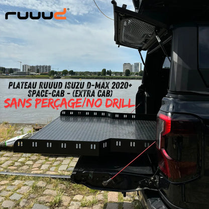 Plateau coulissant RUUUD pour Isuzu D-Max 2020+ Space-Cab, installation sans perçage, vue du plateau coulissant en position ouverte.