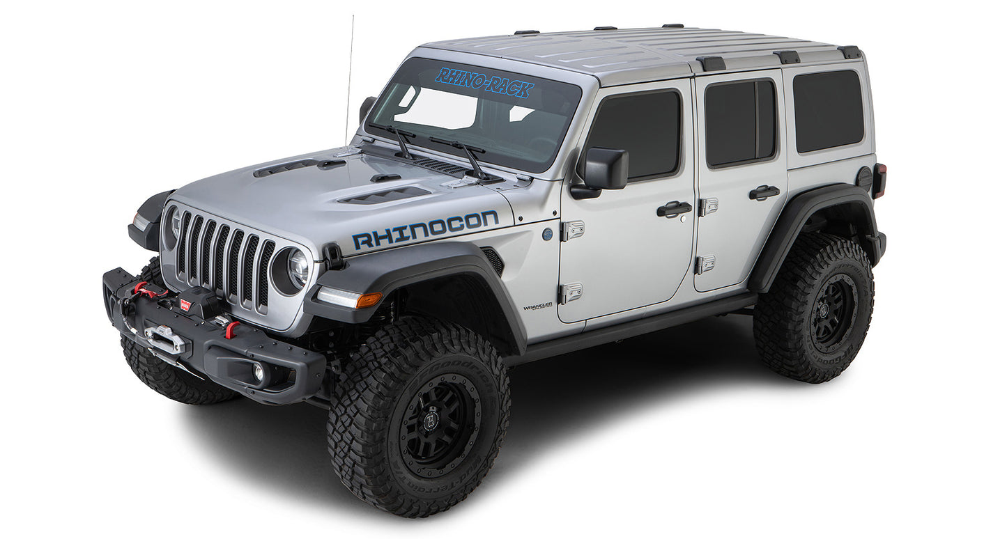 Système de montage Backbone Rhino-Rack pour Jeep Wrangler JLU 4 portes, accessoires robustes en métal noir.